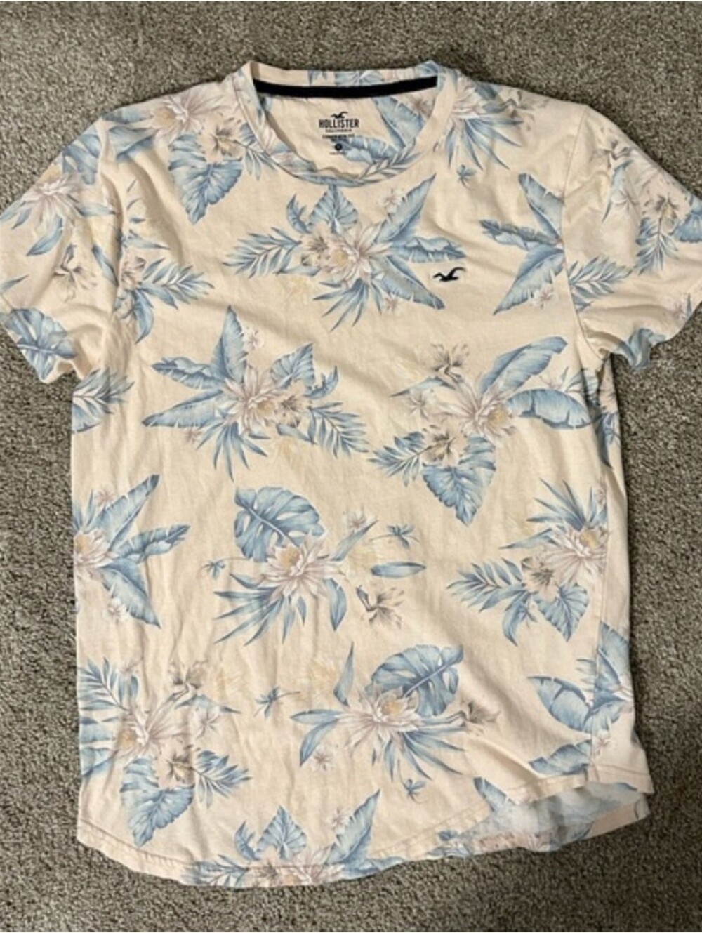 Hollister Cream Short Sleeve Tee with Light Blue Floral Print Size Large
